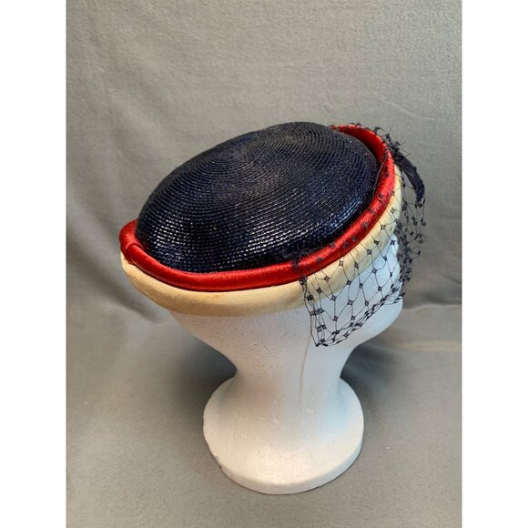 Vintage Navy & Cream Pillbox Hat With Red Trim & Black Veil Sz 22" - Picture 5 of 11